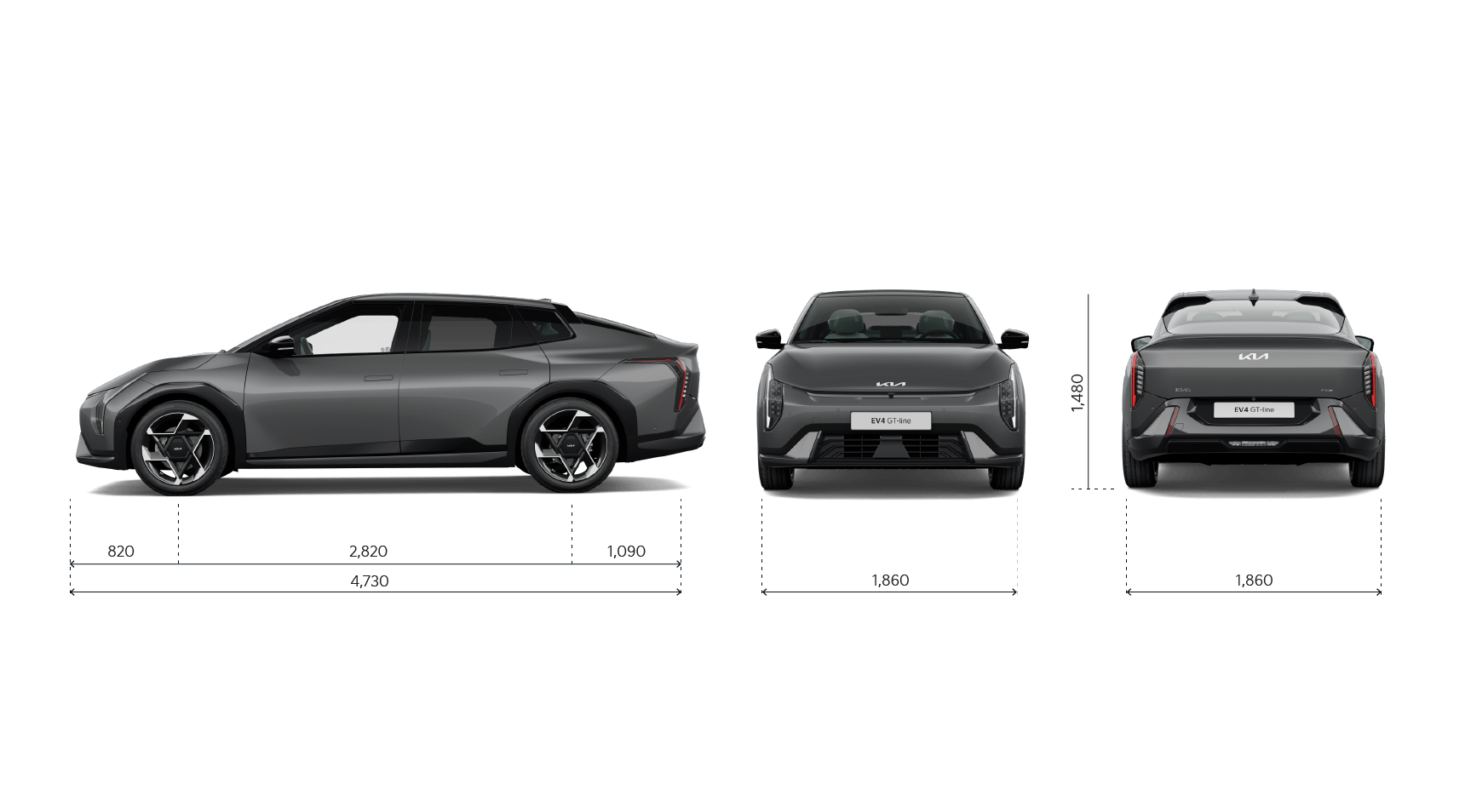 EV4 Fastback GT-Line, Seiten-/Heck-/Frontansicht